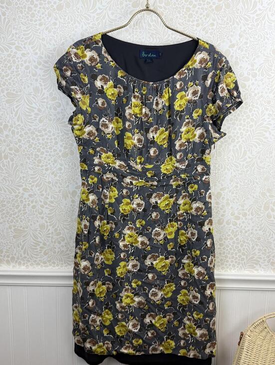 BODEN Gray and Yellow Floral Print Cap Sleeve Lined Sheath Dress - Size - 16